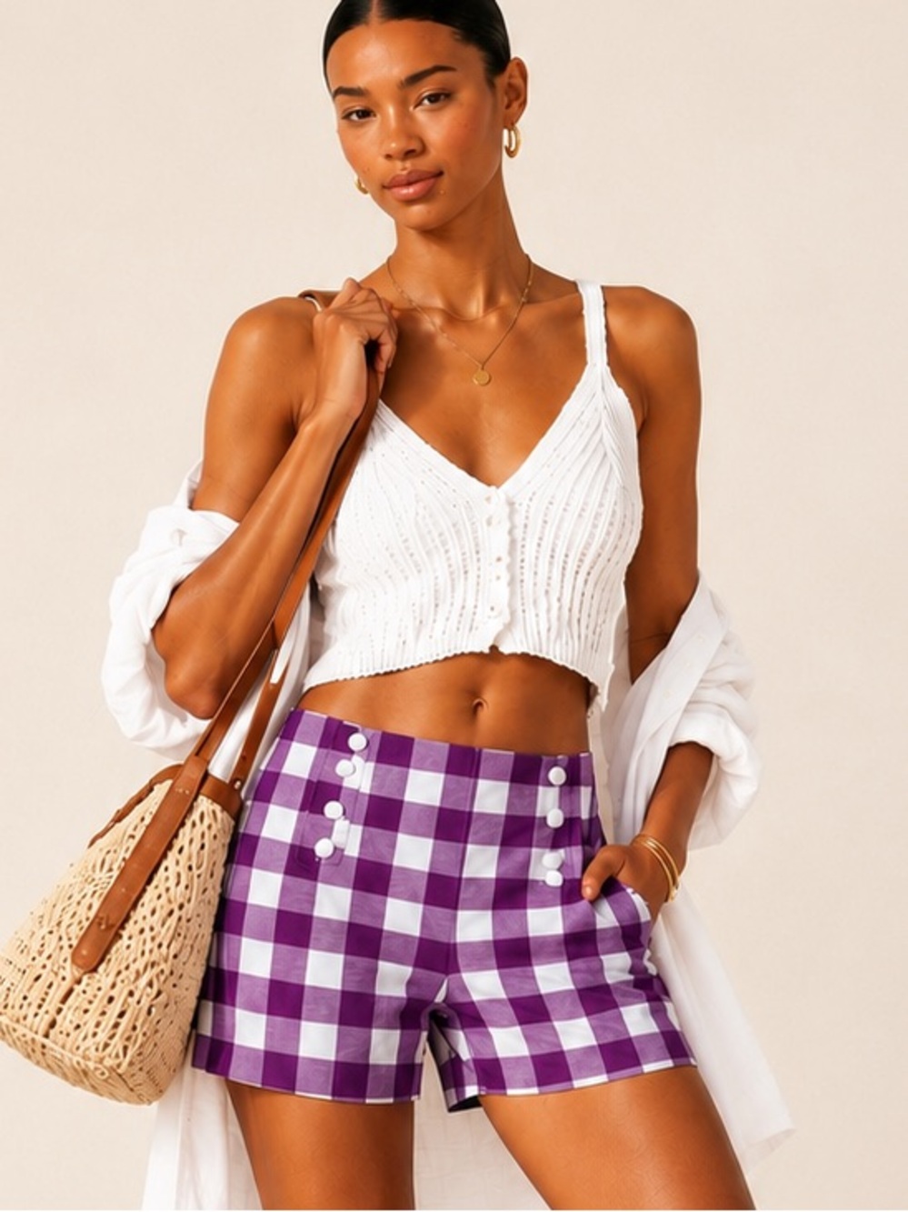 Vintage Inspired Purple Gingham High Waist Stretch Shorts Size 6